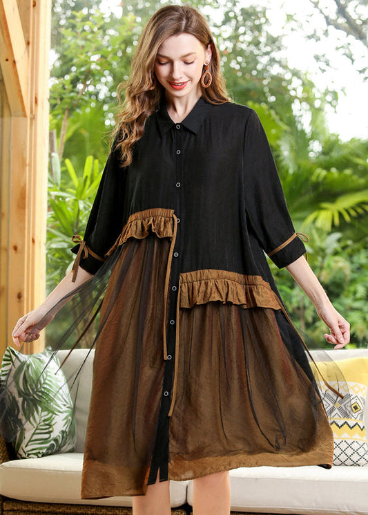 Black Patchwork Tulle Holiday Dress Peter Pan Collar Ruffles Half Sleeve LY0347