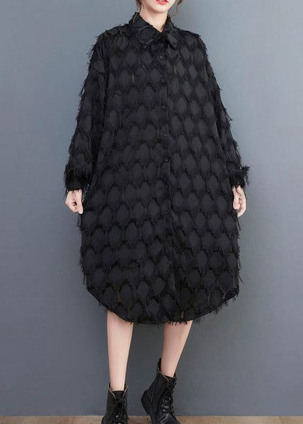 Black Peter Pan Collar Button Long Shirts Dresses Long Sleeve AC2054