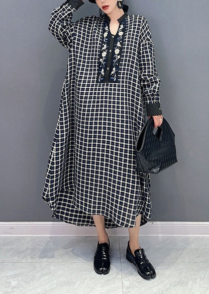 Black Plaid Cotton Robe Dresses Stand Collar Oversized Spring LY1573