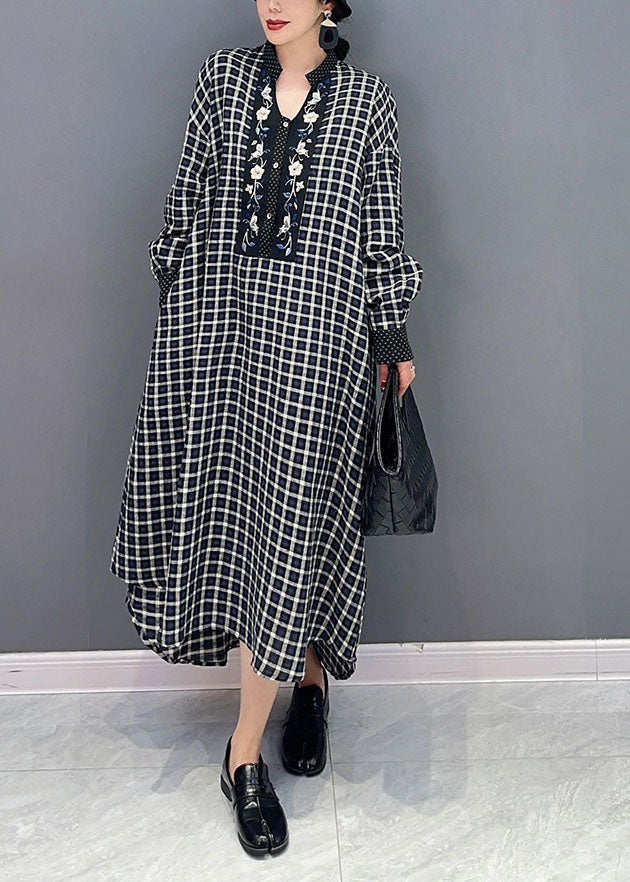 Black Plaid Cotton Robe Dresses Stand Collar Oversized Spring LY1573