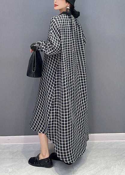 Black Plaid Cotton Robe Dresses Stand Collar Oversized Spring LY1573