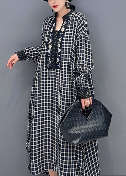 Black Plaid Cotton Robe Dresses Stand Collar Oversized Spring LY1573