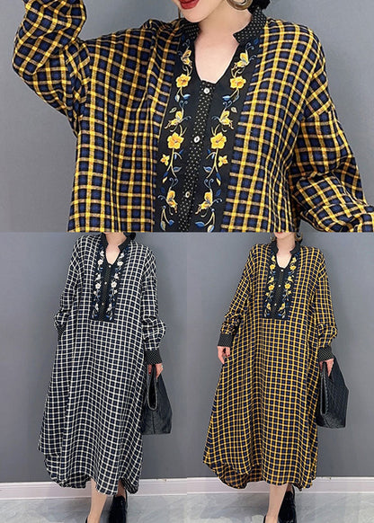 Black Plaid Cotton Robe Dresses Stand Collar Oversized Spring LY1573