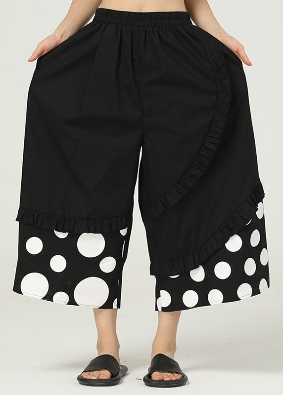 Black Pockets Dot Cotton Wide Leg Trousers Ruffled Summer LY1224