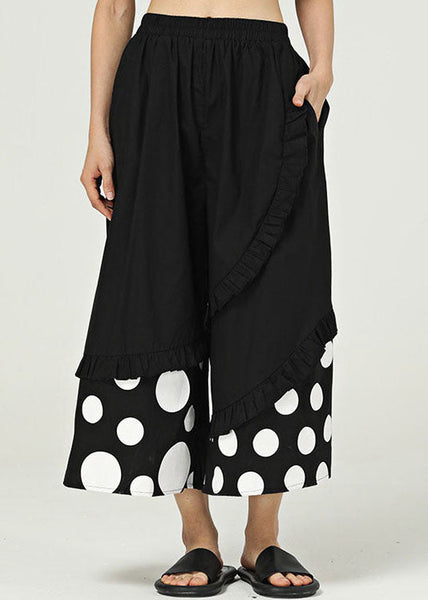 Black Pockets Dot Cotton Wide Leg Trousers Ruffled Summer LY1224