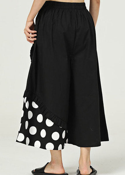 Black Pockets Dot Cotton Wide Leg Trousers Ruffled Summer LY1224