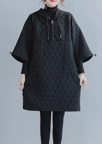 Black Pockets Patchwork Cotton Filled Mid Dress Zip Up Winter Ada Fashion