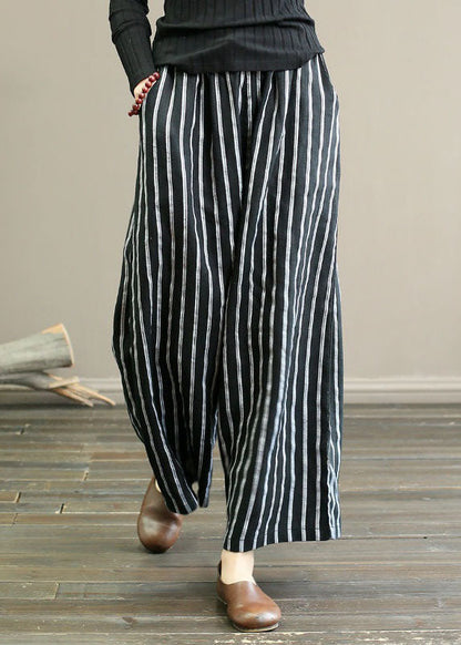 Black Pockets Patchwork Striped Linen Straight Pants Summer LY0594