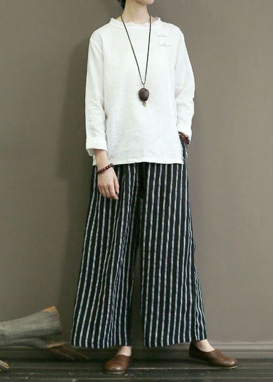 Black Pockets Patchwork Striped Linen Straight Pants Summer LY0594