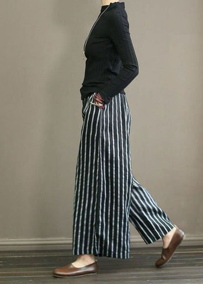 Black Pockets Patchwork Striped Linen Straight Pants Summer LY0594