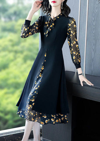 Black Print Chiffon Fake Two Piece Dress Lace Up Side Open Spring LC0077