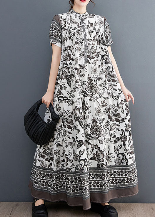 Black Print Chiffon Vacation Dresses Oversized Exra Large Hem Summer LY1547