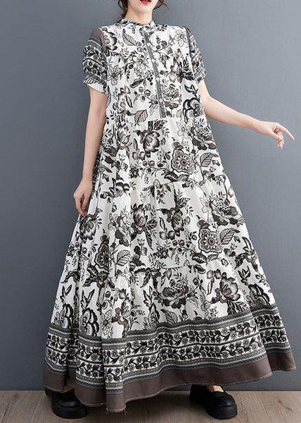 Black Print Chiffon Vacation Dresses Oversized Exra Large Hem Summer LY1547