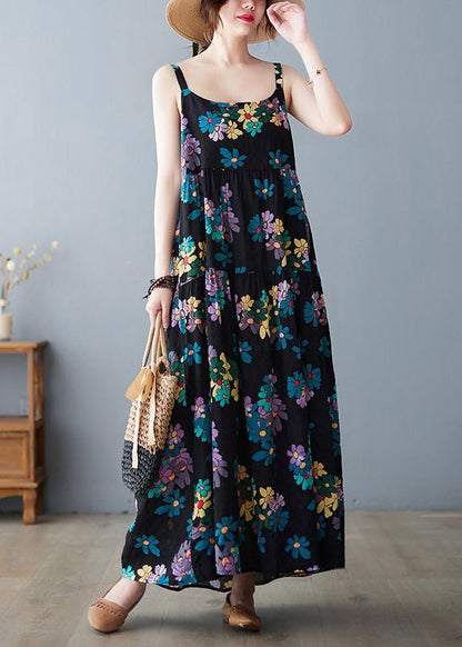 Black Print Cotton Spaghetti Strap Dress Exra Large Hem Summer LY0909