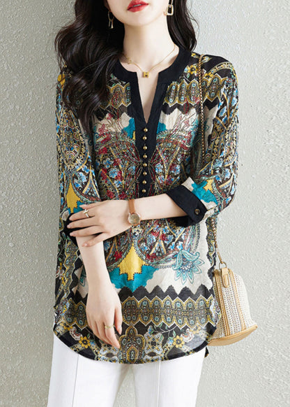 Black Print Patchwork Chiffon Shirt Tops V Neck Nail Bead Summer TQ1016