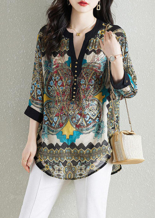 Black Print Patchwork Chiffon Shirt Tops V Neck Nail Bead Summer TQ1016