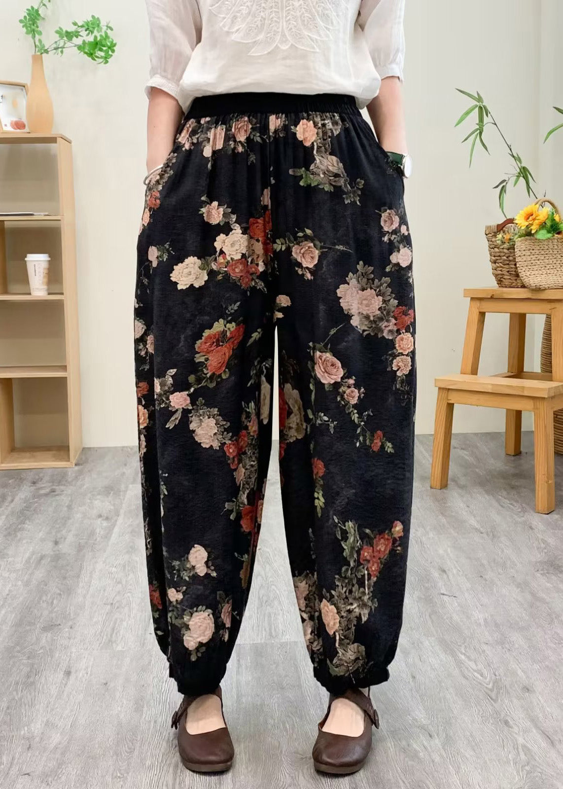 Black Print Silk Linen Lantern Pants Summer TQ1021