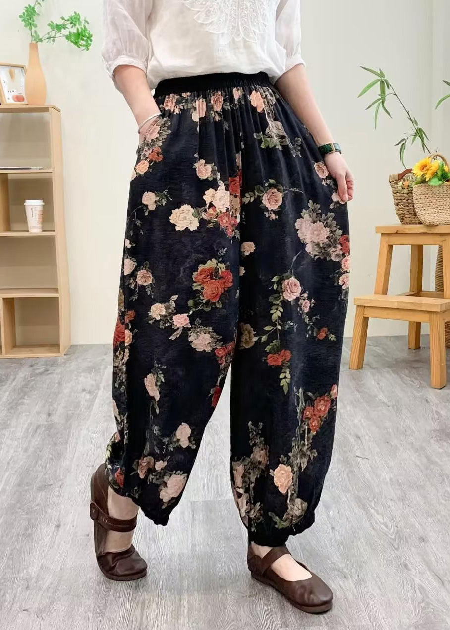 Black Print Silk Linen Lantern Pants Summer TQ1021