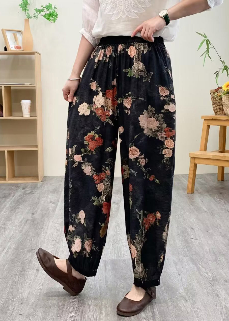 Black Print Silk Linen Lantern Pants Summer TQ1021