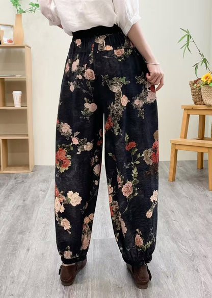 Black Print Silk Linen Lantern Pants Summer TQ1021