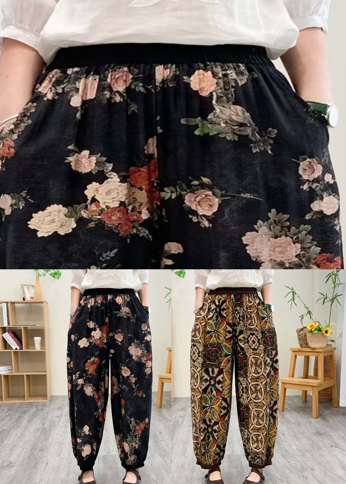 Black Print Silk Linen Lantern Pants Summer TQ1021