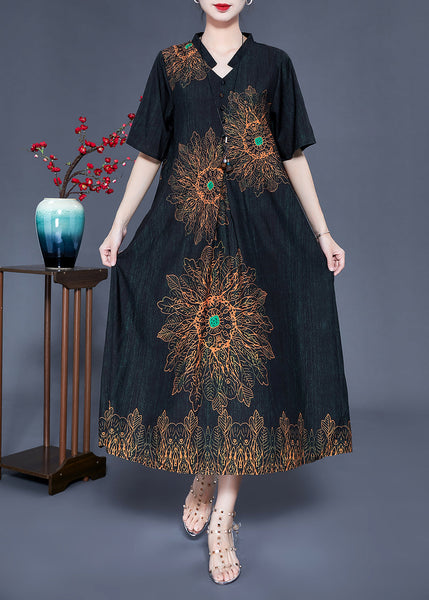 Black Print Silk Long Dress Oversized Pocket Summer LY0927