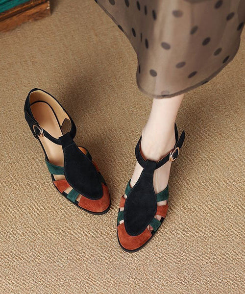 Sandales noires à talon épais en daim, élégantes brides à boucle et empiècements LY1743