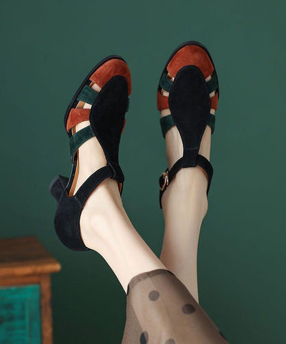 Black Sandals Chunky Heel Suede Elegant Splicing Buckle Strap LY1743