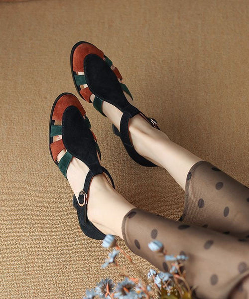 Sandales noires à talon épais en daim, élégantes brides à boucle et empiècements LY1743