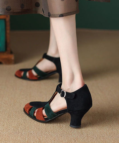 Black Sandals Chunky Heel Suede Elegant Splicing Buckle Strap LY1743