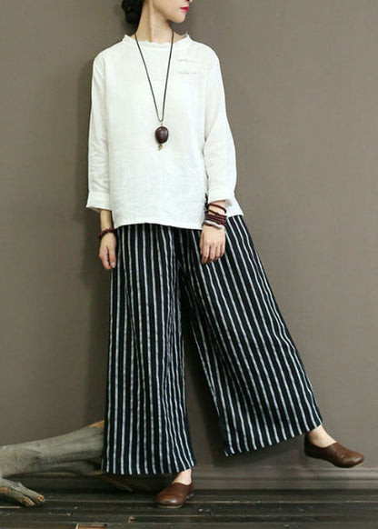 Black Striped Linen Wide Leg Pants Elastic Waist Oversized Summer LY1488