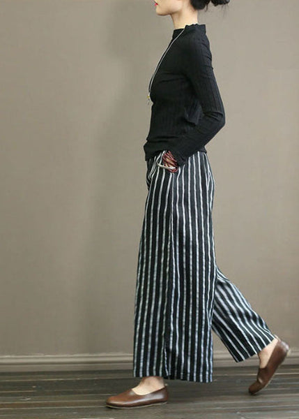 Black Striped Linen Wide Leg Pants Elastic Waist Oversized Summer LY1488