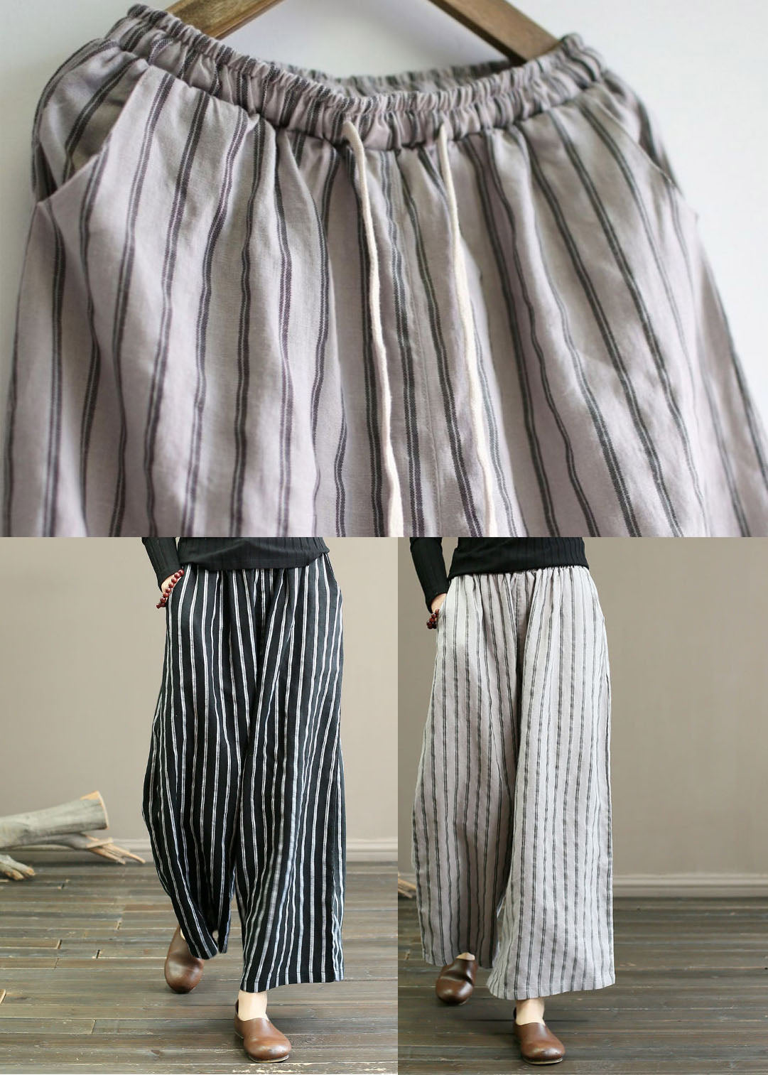 Black Striped Linen Wide Leg Pants Elastic Waist Oversized Summer LY1488