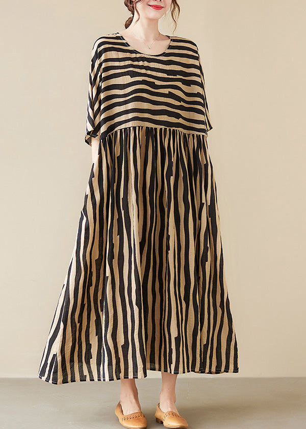 Black Striped Patchwork Wrinkled Maxi Dresses Summer TQ1002