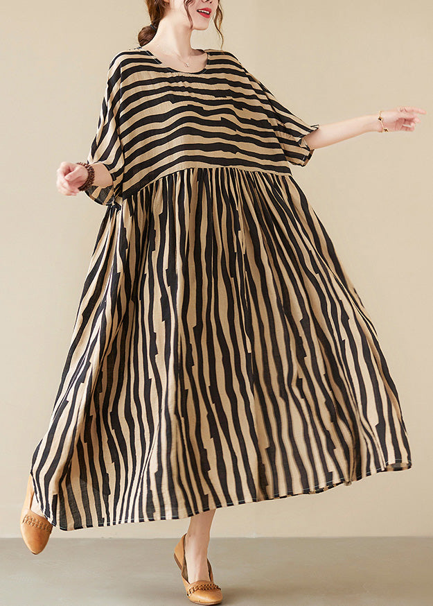 Black Striped Patchwork Wrinkled Maxi Dresses Summer TQ1002