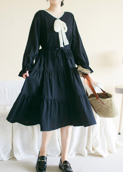 Black Wrinkled Solid Cotton Long Dress Long Sleeve TI1010