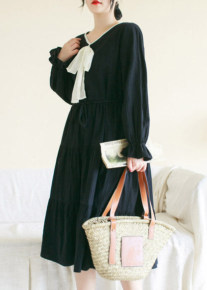 Black Wrinkled Solid Cotton Long Dress Long Sleeve TI1010