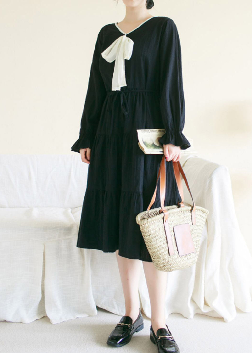 Black Wrinkled Solid Cotton Long Dress Long Sleeve TI1010