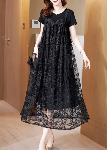 Robe longue nuisette en tulle noir froissé sans manches AC2018