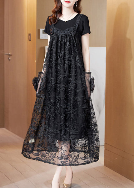 Robe longue nuisette en tulle noir froissé sans manches AC2018