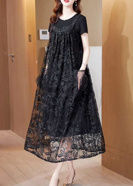 Robe longue nuisette en tulle noir froissé sans manches AC2018