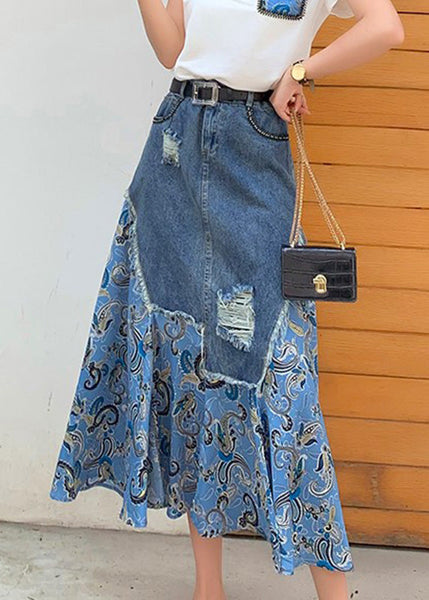 Jupe longue boutonnée taille haute en patchwork de denim bleu TY1013