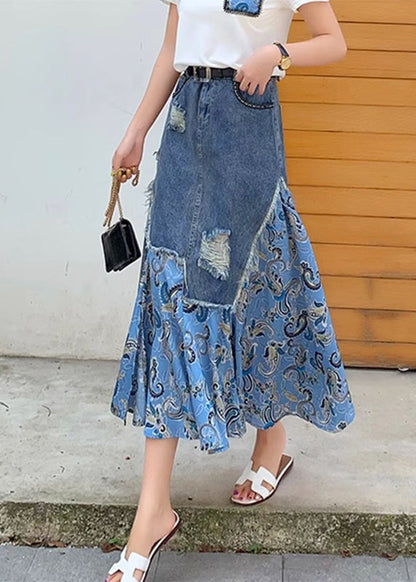 Blue Denim Patchwork High Waist Button Maxi Skir TY1013