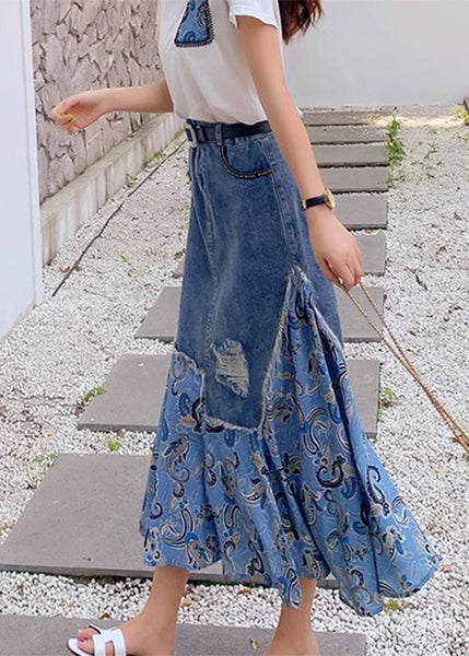 Jupe longue boutonnée taille haute en patchwork de denim bleu TY1013