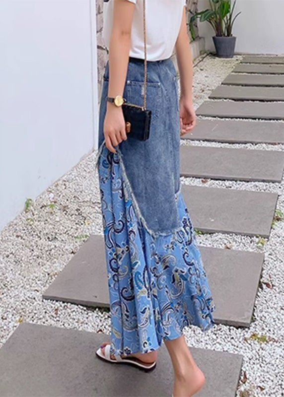 Blue Denim Patchwork High Waist Button Maxi Skir TY1013