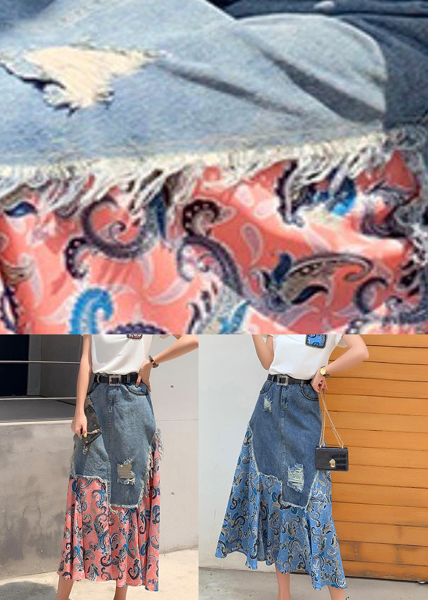 Blue Denim Patchwork High Waist Button Maxi Skir TY1013