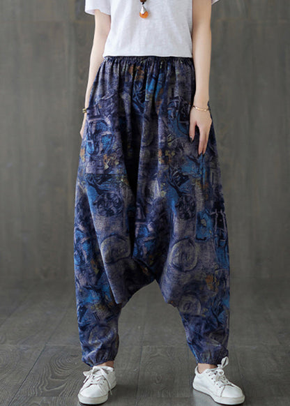 Blue Elastic Waist Loose Lantern Pants Summer TQ1046