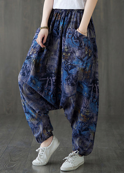 Blue Elastic Waist Loose Lantern Pants Summer TQ1046