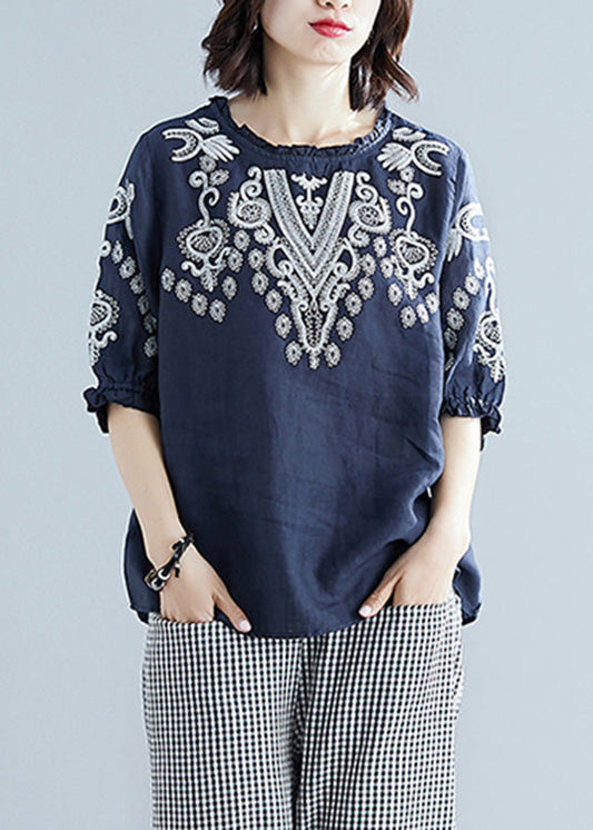 Blue O-Neck Cotton Top Short Sleeve AC2067