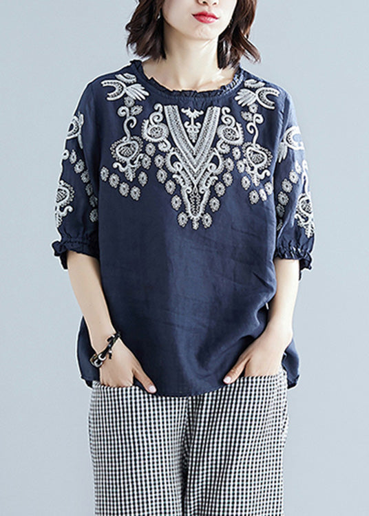 Blue O-Neck Cotton Top Short Sleeve AC2067